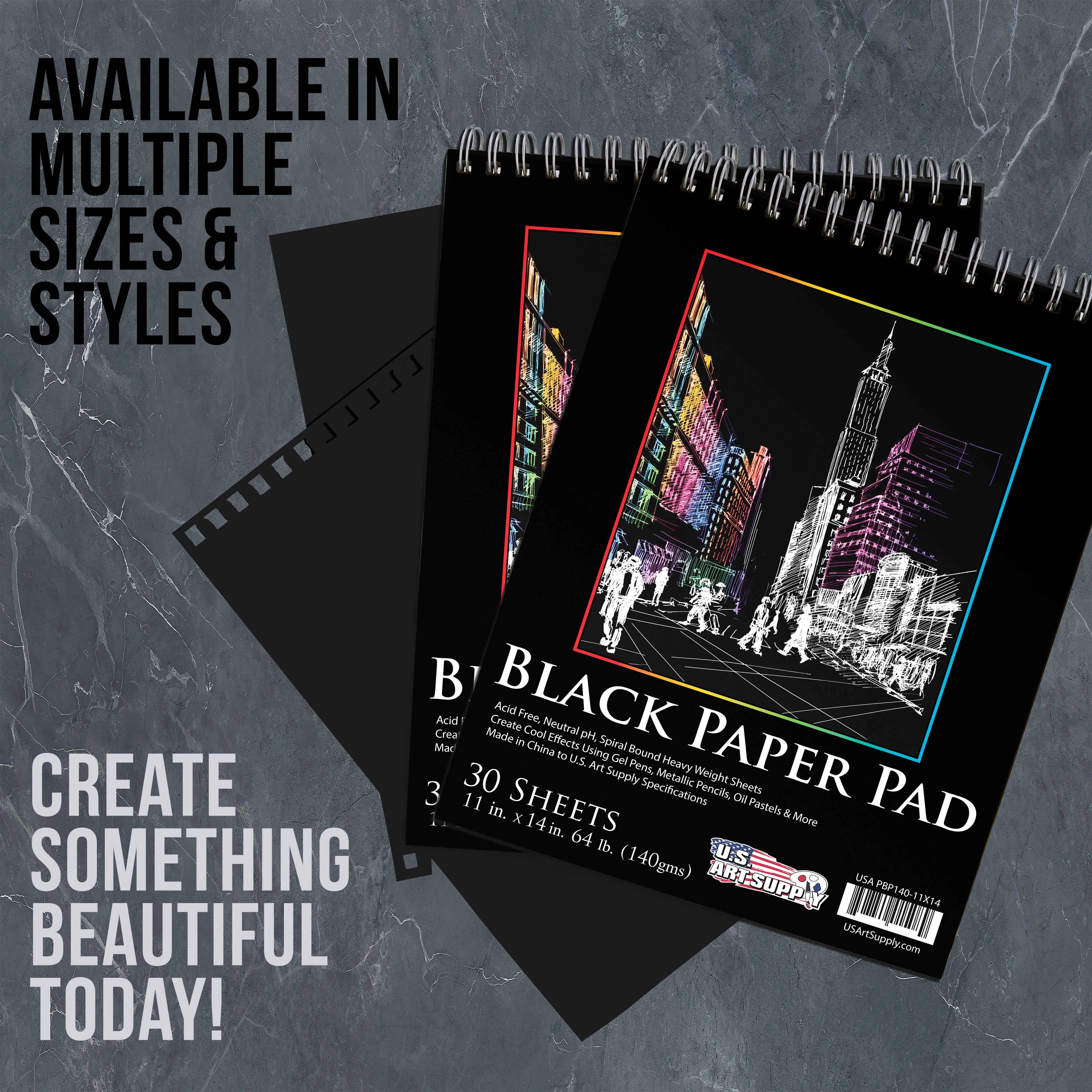 11 in. x 14 in. Premium Black Heavyweight Paper Spiral Bound Sketch Pad, 140gsm, 64 Pound, 30 Sheets (Pack of 2 Pads)
