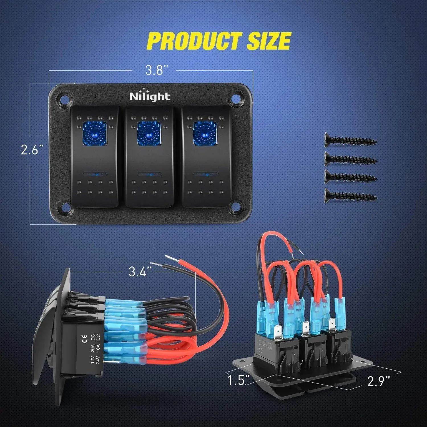 3Gang Aluminum 5Pin ON/Off Rocker Switch Panel Blue