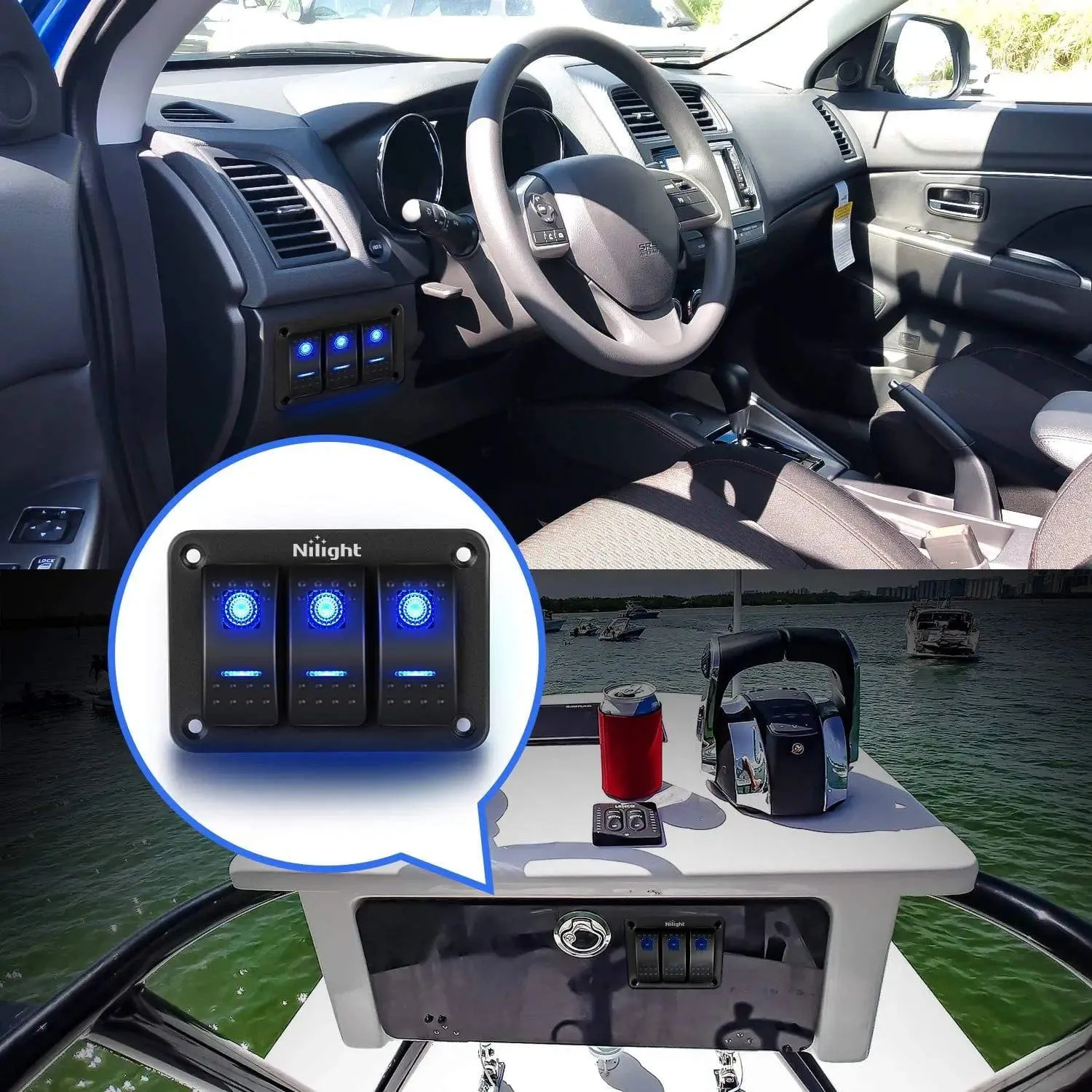 3Gang Aluminum 5Pin ON/Off Rocker Switch Panel Blue