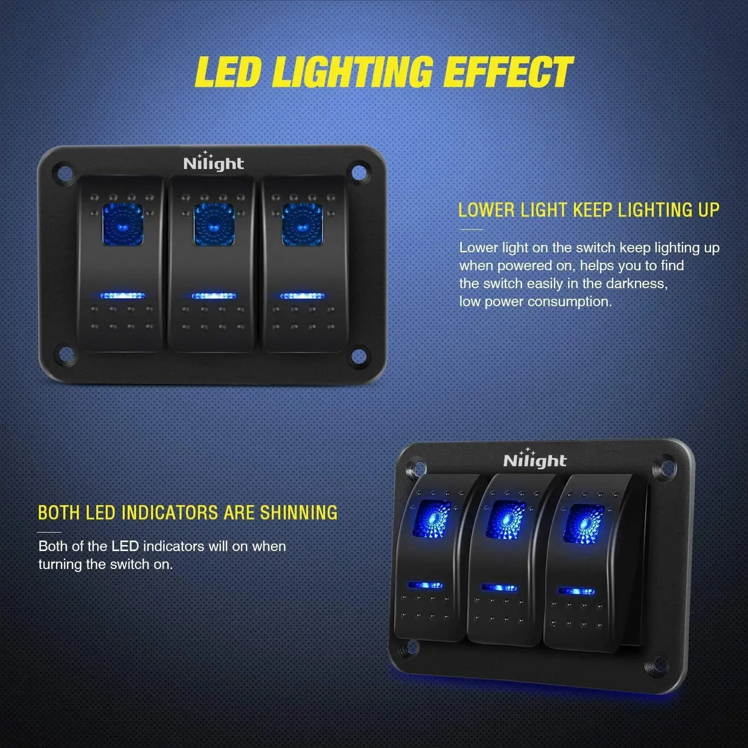 3Gang Aluminum 5Pin ON/Off Rocker Switch Panel Blue