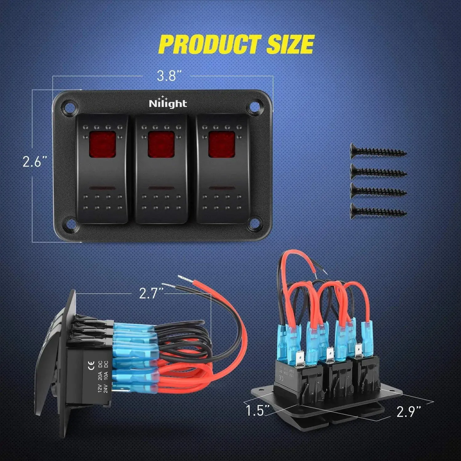 3Gang Aluminum 5Pin ON/Off Rocker Switch Panel Red