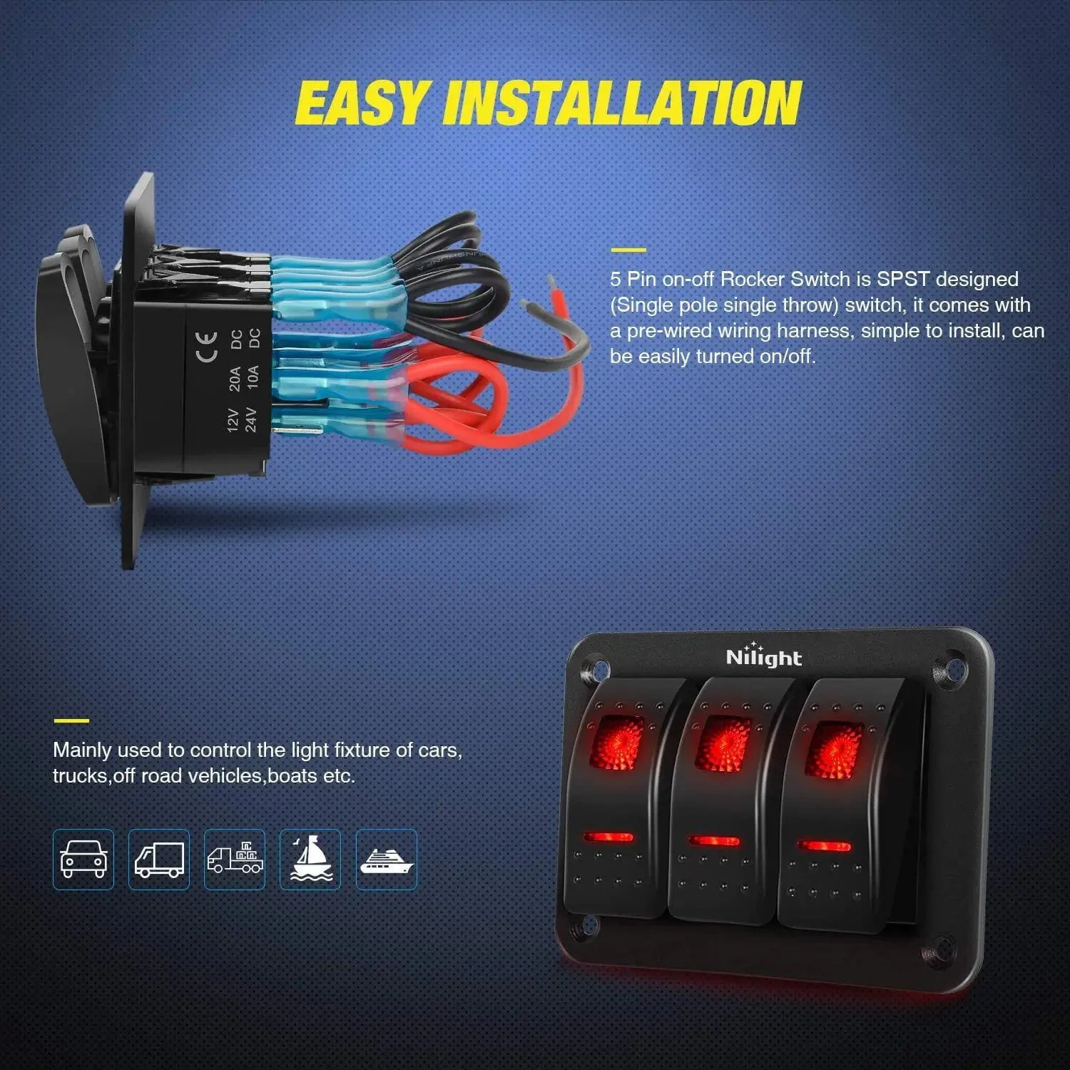 3Gang Aluminum 5Pin ON/Off Rocker Switch Panel Red
