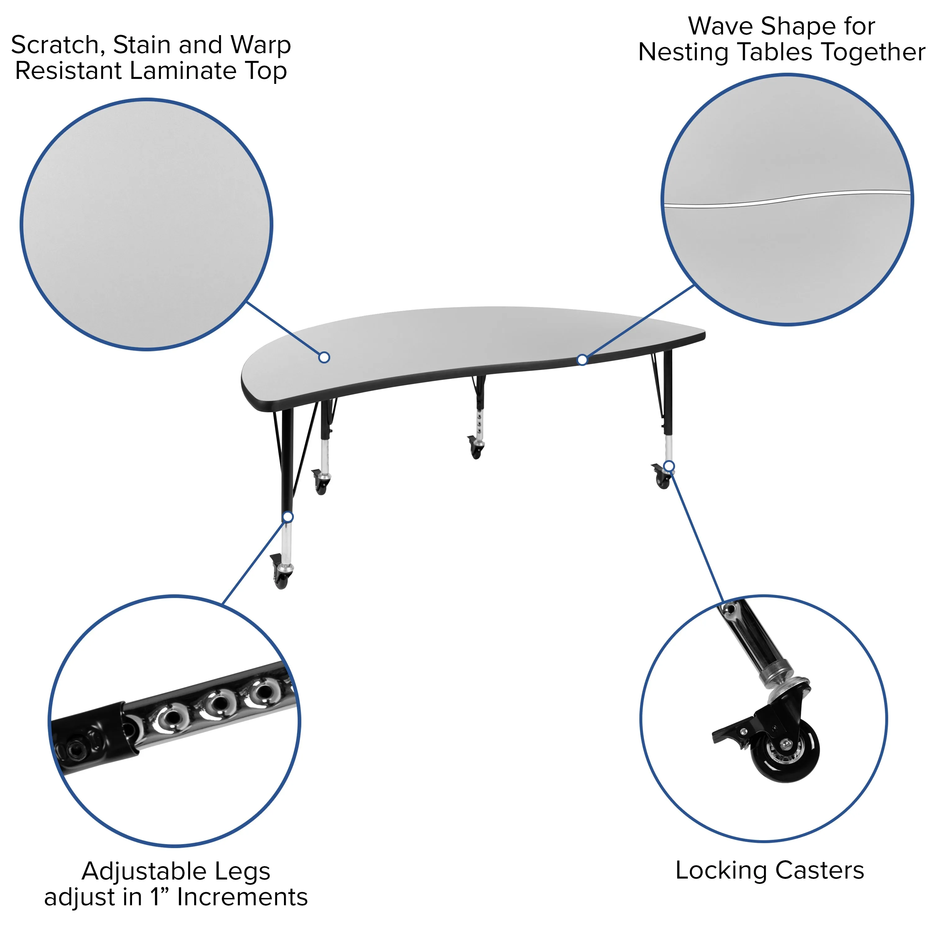 60" Circle Wave Grey Table Set XU-GRP-14CH-A60-HCIRC-GY-T-P-CAS-GG