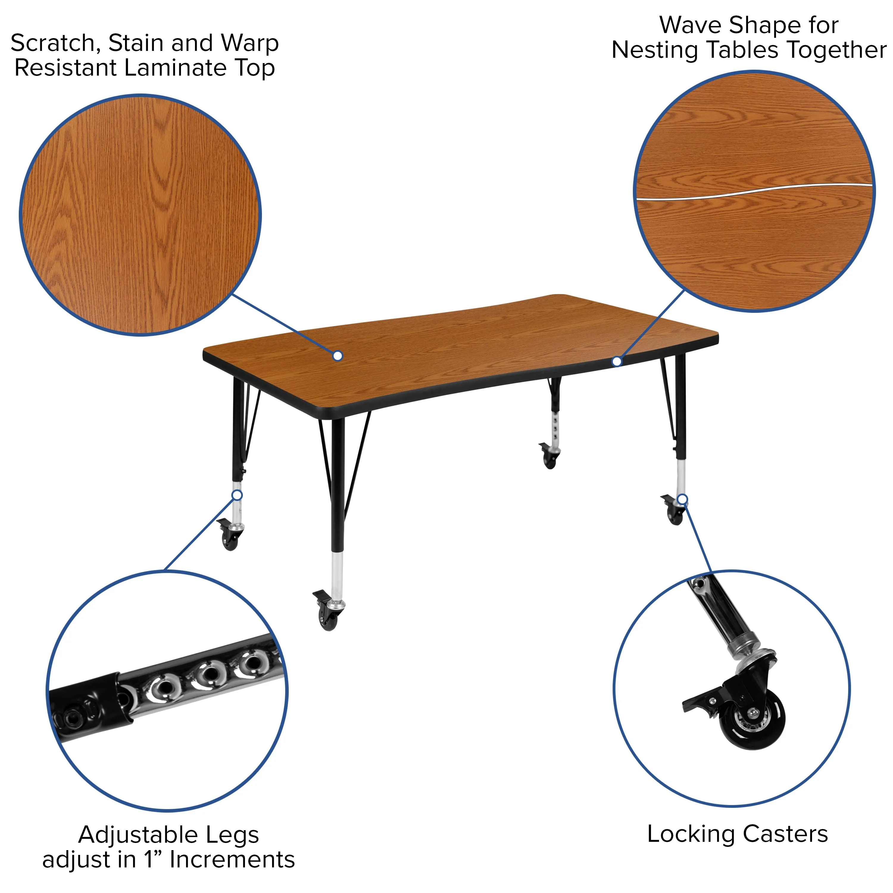 76" Oval Wave Oak Table Set XU-GRP-14CH-A3048CON-48-OAK-T-P-CAS-GG