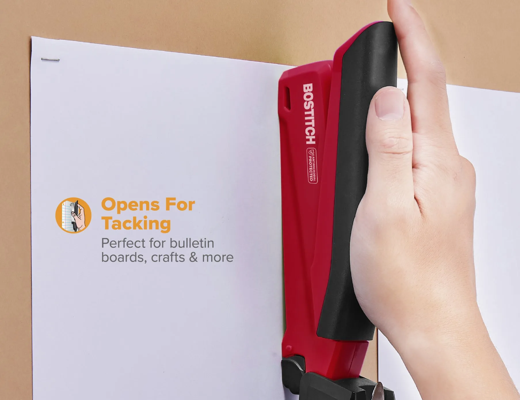 Bostitch Low Force Stapler, InPower Premium Antimicrobial, Red, Full Strip, 20 Sheet