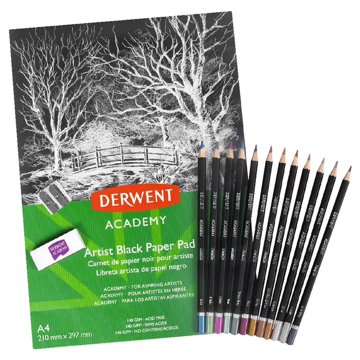 Derwent Academy Metallic Pencils Starter Kit Sketch Pad Eraser Sharpener