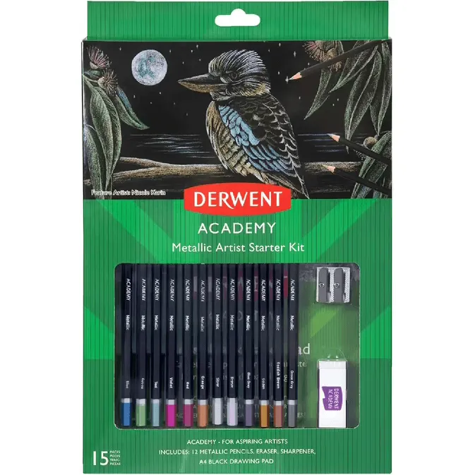 Derwent Academy Metallic Pencils Starter Kit Sketch Pad Eraser Sharpener