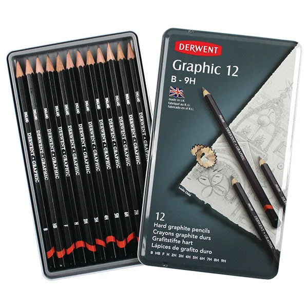Derwent Graphic Graphite Pencil Tin of 12 Hard Grades
