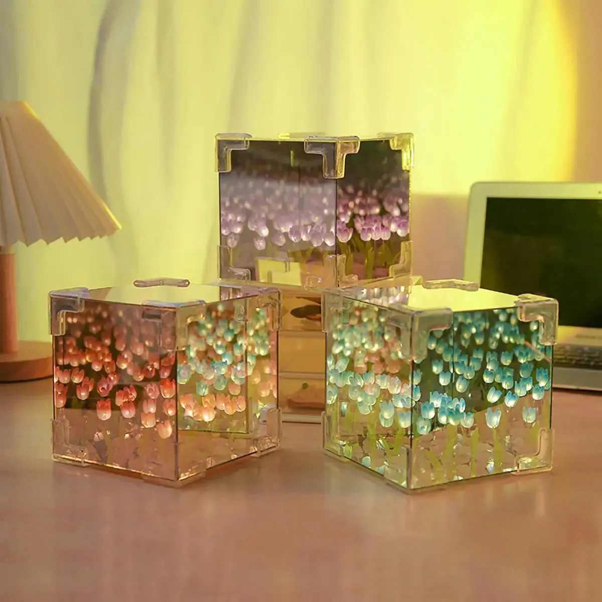 DIY Tulip LED Night Light – Magic Cube Table Lamp & Mirror 2-in-1 Decorative Gift