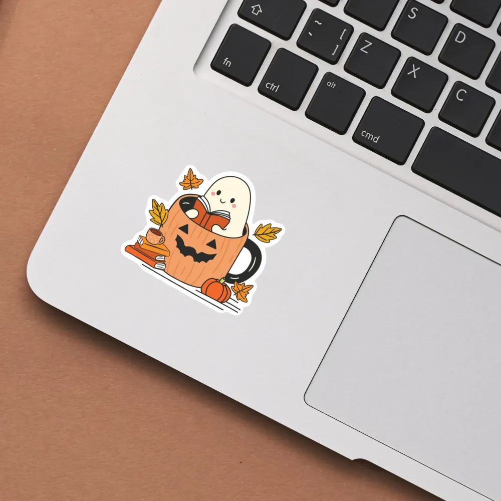 Ghost Reading in A Pumpkin Mug Fall Waterproof Sticker