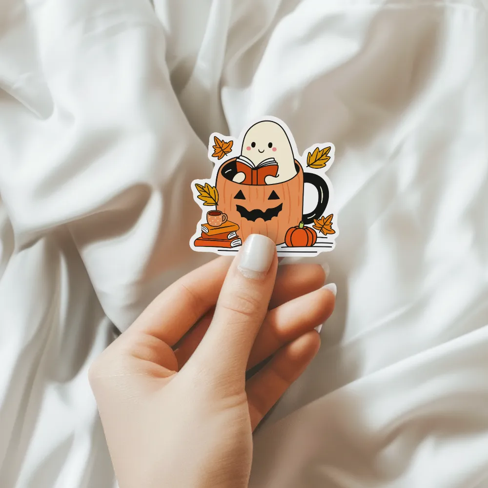 Ghost Reading in A Pumpkin Mug Fall Waterproof Sticker