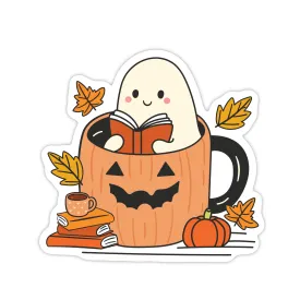 Ghost Reading in A Pumpkin Mug Fall Waterproof Sticker