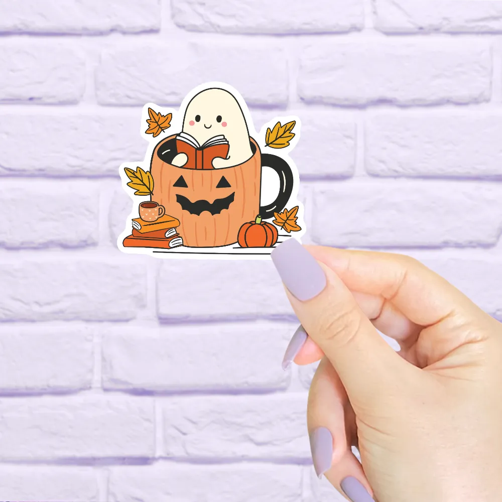 Ghost Reading in A Pumpkin Mug Fall Waterproof Sticker