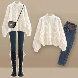 Preppy Pure Color Cable Sweater Denim Plush Pants Two Piece Set