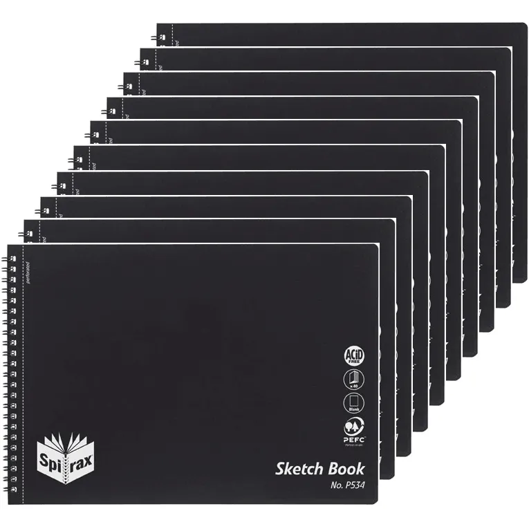 Spirax P534 Sketch Book Spiral Bound Side Open 40 Page A4 Black Pack 10