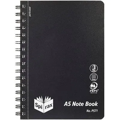 Spirax P571 Notepad Spiral Bound Side Open 300 Page A5 Black