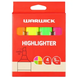 Warwick Highlighter Stubby, 4 Pack, Pink, Yellow, Orange, Green