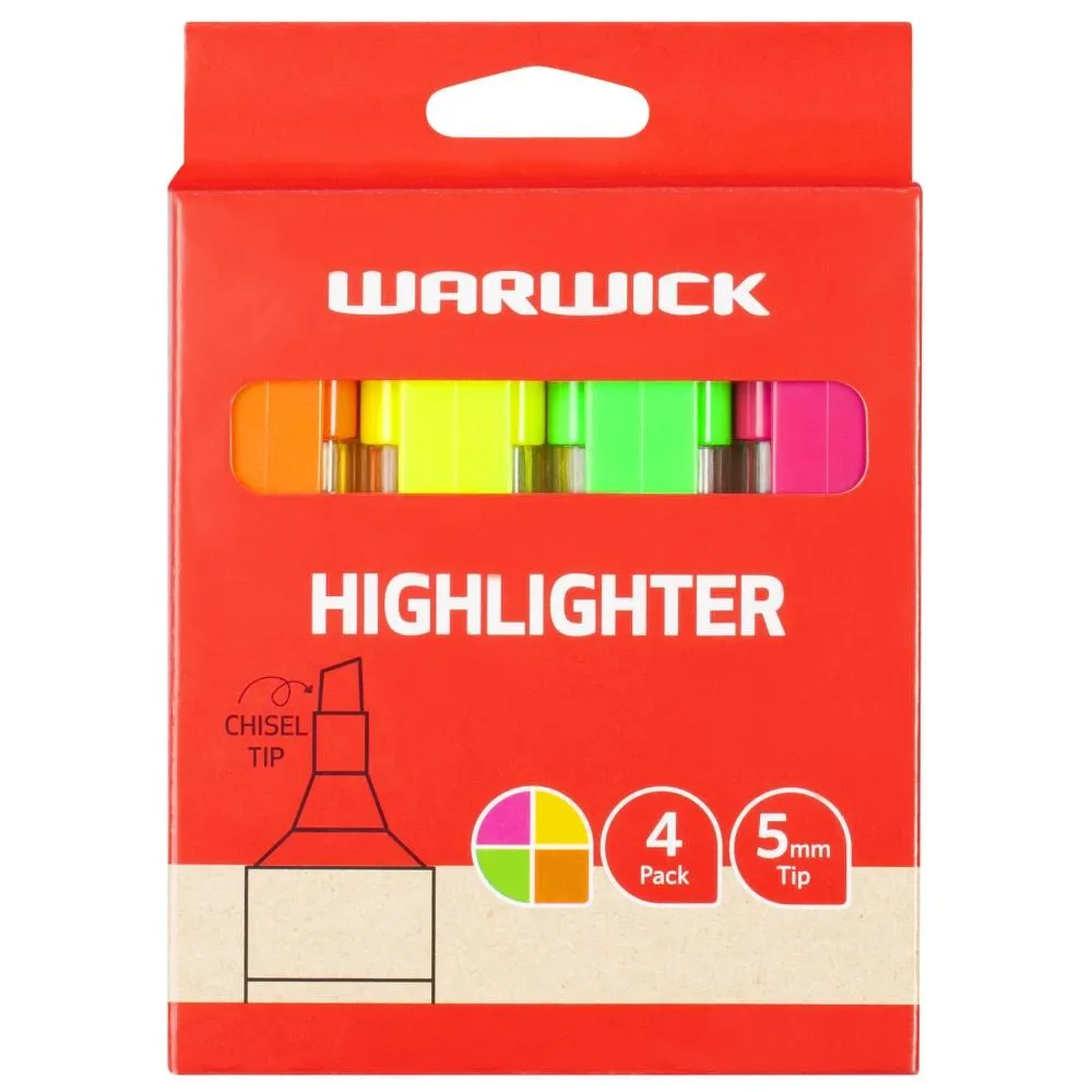 Warwick Highlighter Stubby, 4 Pack, Pink, Yellow, Orange, Green